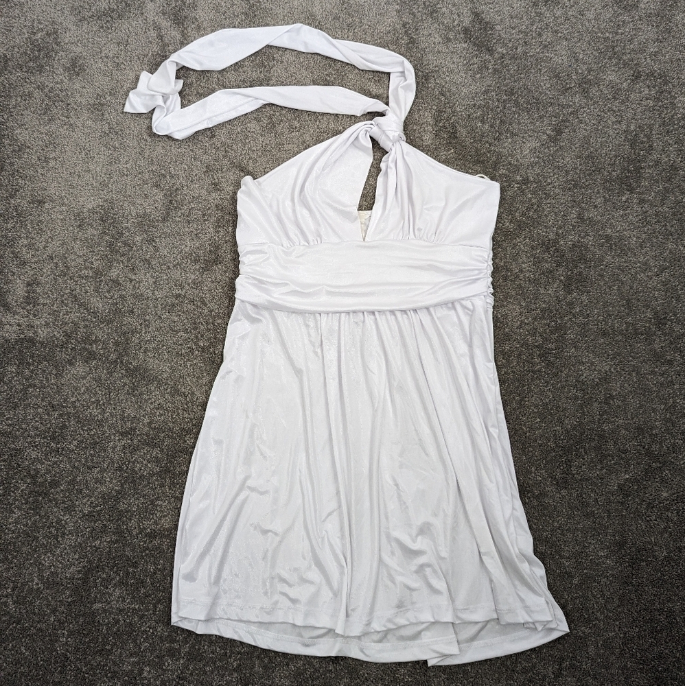 Charlotte Russe White Halter Neck Tunic Dress with Ruched Waist - Large NEW